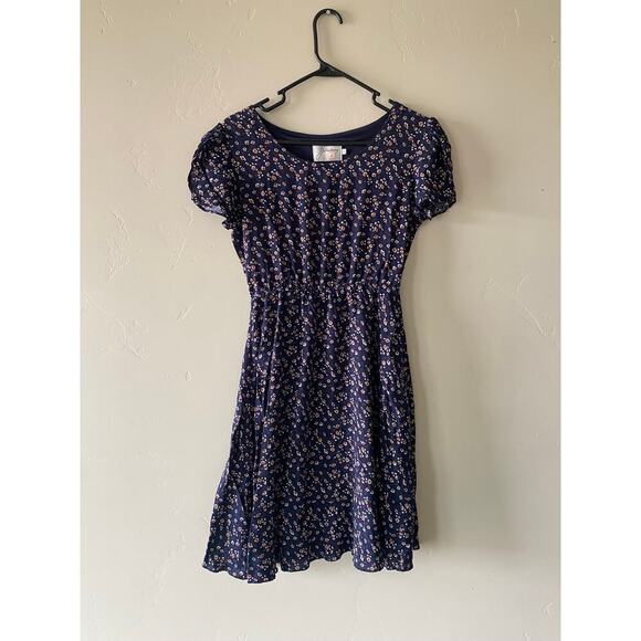 Navy Blue Floral Yellowberry Knee Length Flowy Modest Summer Dress- Size Small - Picture 2 of 7